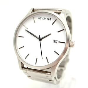 MVMT Mens 44mm Date Minimal Dress Watch White Dial Stainless Steel w New Battery